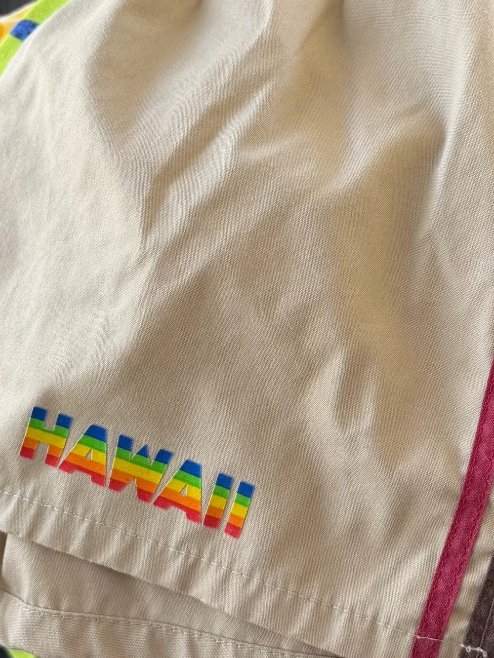 Vintage 70's Retro Hawaii Swim Trunks - Khaki w/brown/Maroon Side - Sz. M 32-34